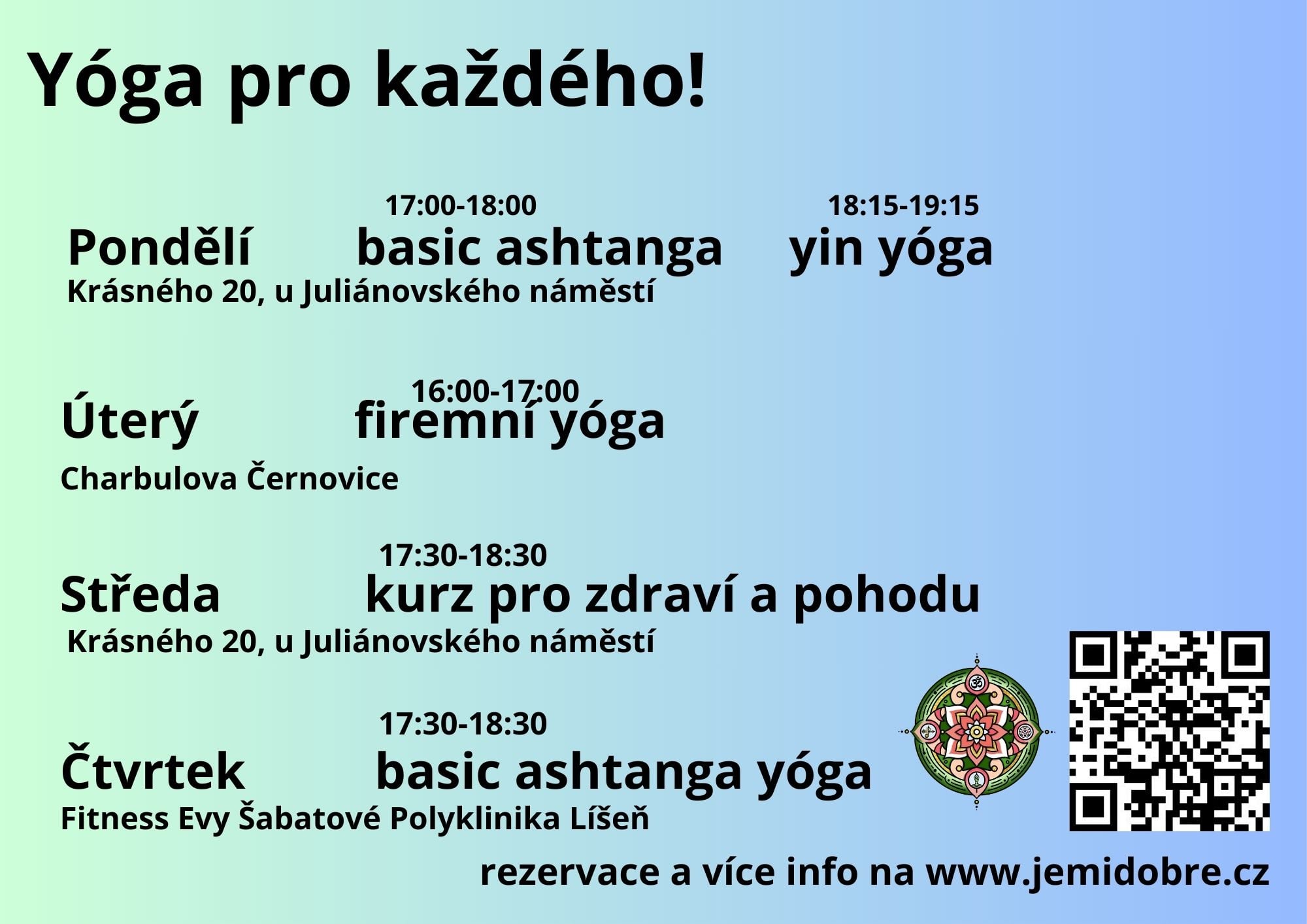 Nový rozvrh lekcí jógy