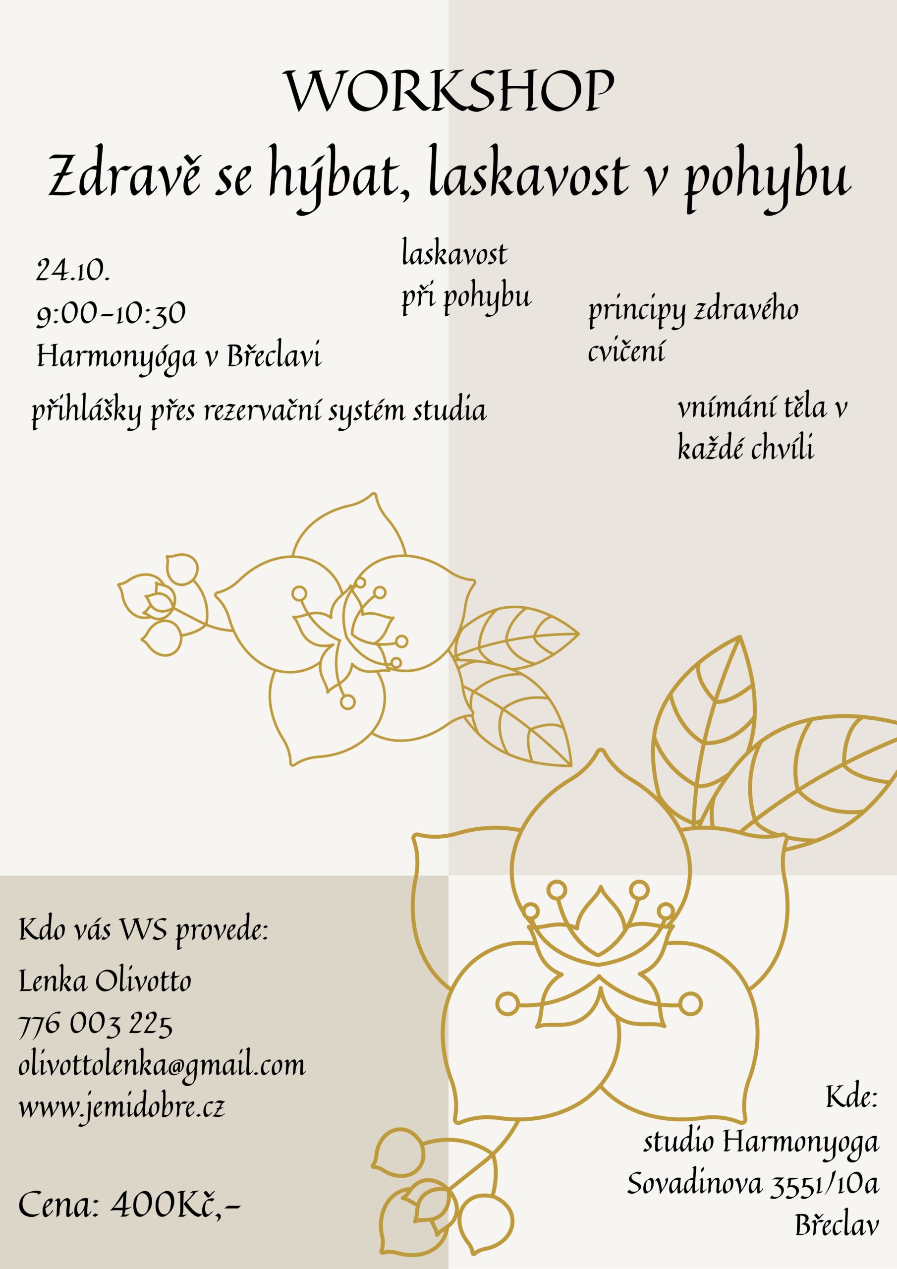 Workshop Zdravě se hýbat, laskavost v pohybu. 24. října 2026 od 9:00 do 10:30, Harmonyóga Břeclav. Cena 400 Kč.